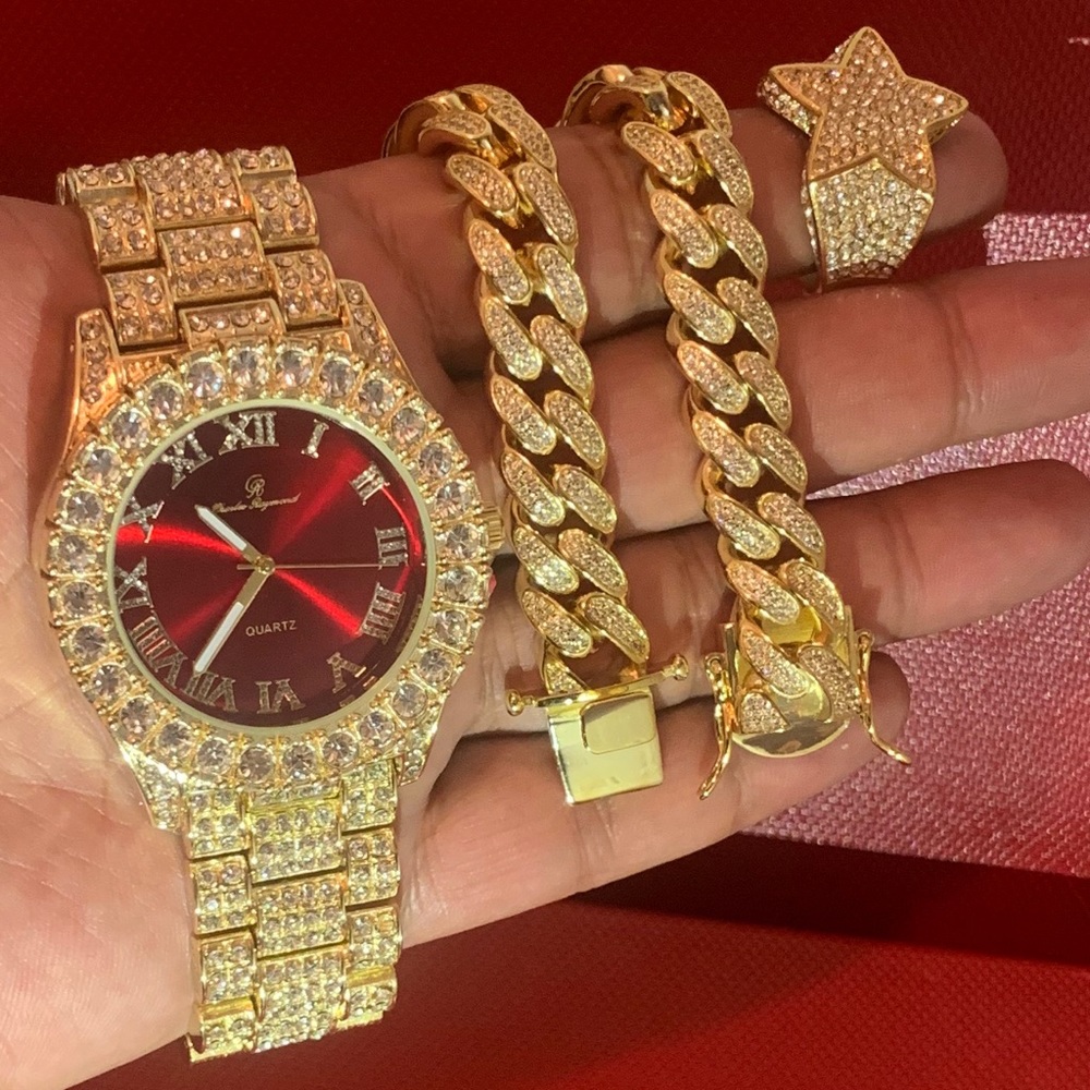 Men’s 14K Stamped Gold Plated Watch&bracelet&Ring